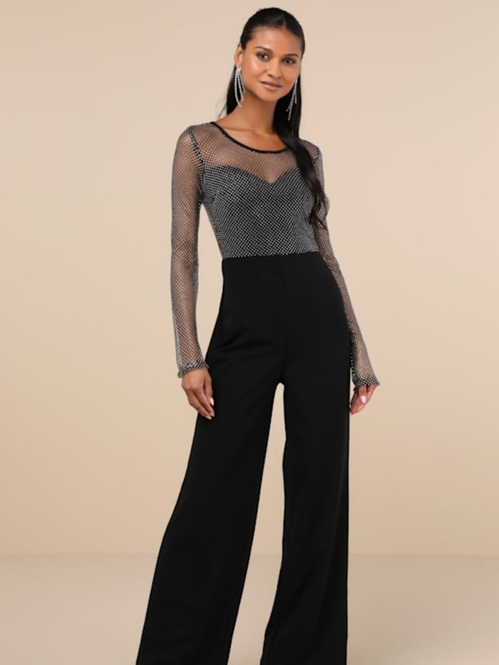 Lulus Beyond Glamorous Black Fishnet Rhinestone Jumpsuit - Size XL